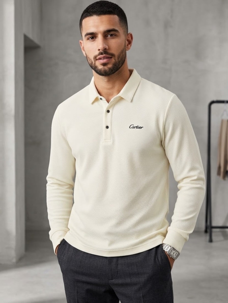 Long Sleeve Textured Piqué Polo Shirt – Navy Blue