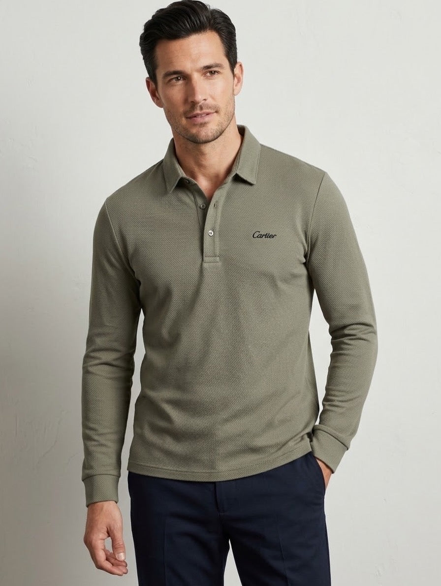 Long Sleeve Textured Piqué Polo Shirt – Navy Blue